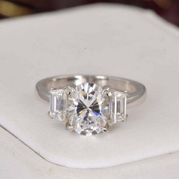 Moissanite Ring 2.56 tcw Oval Cut w/ Baguette Engagement Ring 925 - Picture 1 of 3